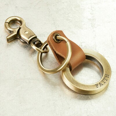 Faith Stamped Keyring with Tan Genuine Leather Loop