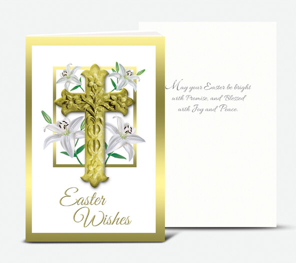 EASTER LILLIES WITH CRUCIFIX GOLD EMBOSSED ITALIAN EASTER CARD