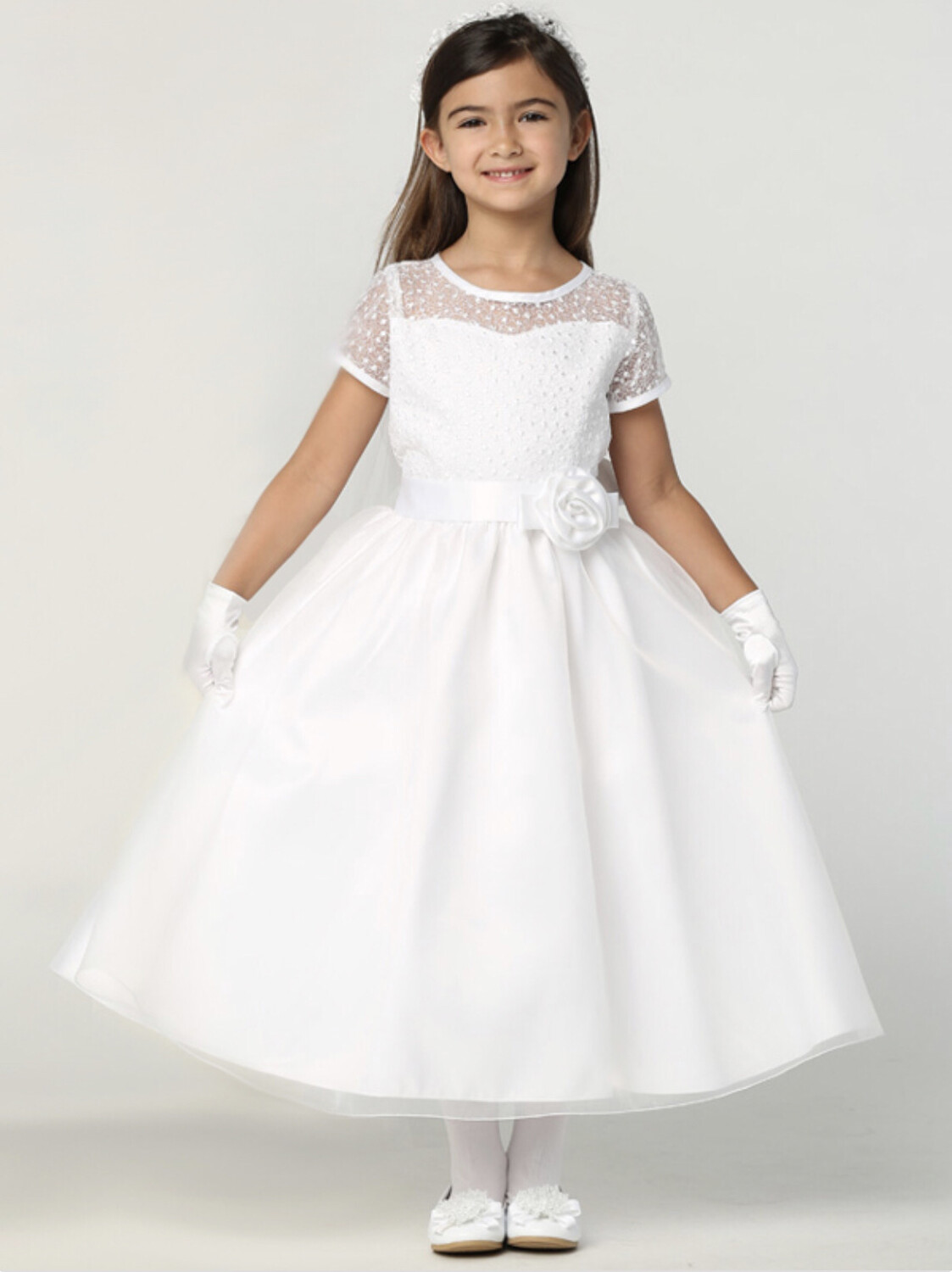 Communion Dress Embroidered tulle & Organza - Short Sleeves Tea Length