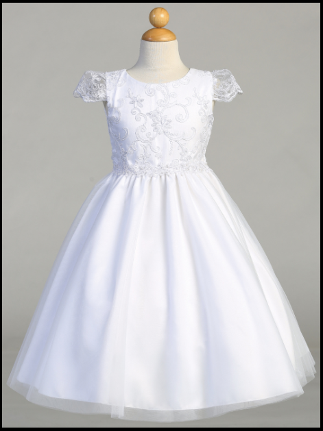 Communion Dress Corded Tulle with Sequins - Short Sleeves Tea Length