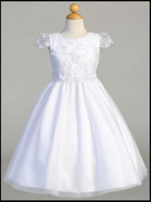 Communion Dress Corded Tulle with Sequins - Short Sleeves Tea Length