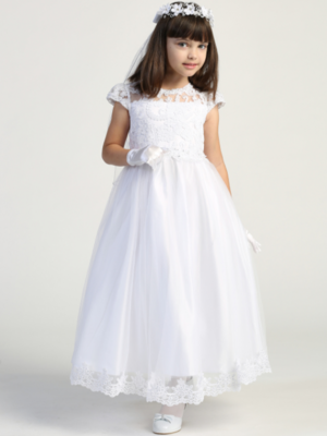 Communion Dress Embroidered Lace on Tulle with Beads & Sequins - Short Sleeves Tea Length