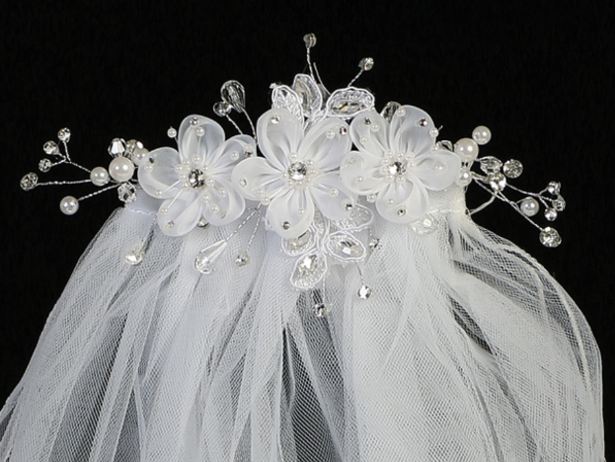 24” Communion Veil on a comb - Organza flowers &amp; rhinestones, pearls &amp; crystals Flower Comb