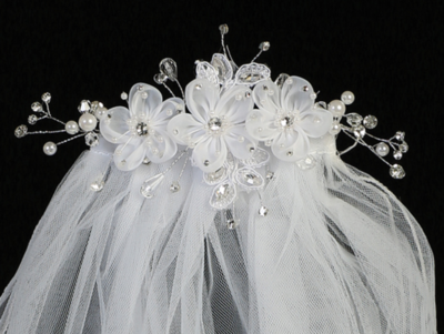 24” Communion Veil on a comb - Organza flowers & rhinestones, pearls & crystals Flower Comb