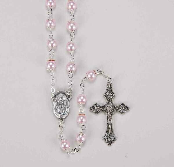 5mm Capped Pink Imit Pearl Rosary 1326PKBX