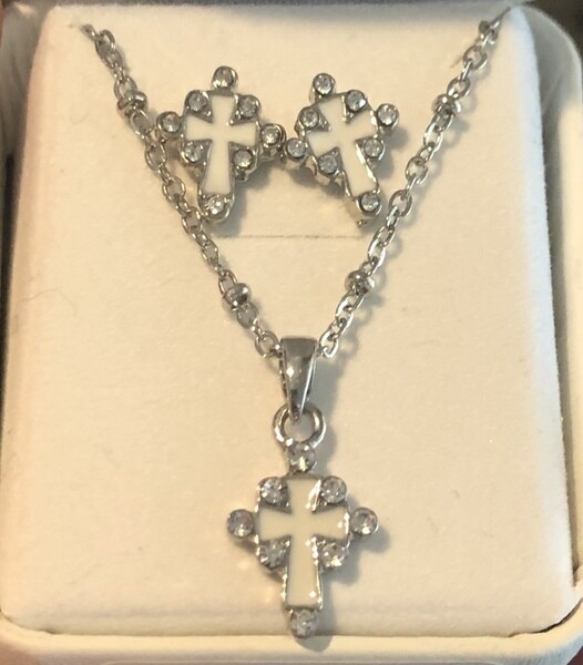 Cross Necklace and Earrings Silver Plated White and Crystal PES12