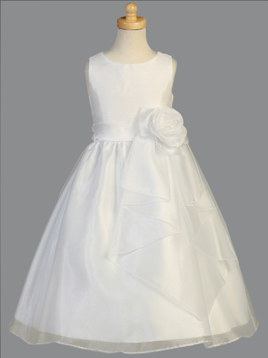 Communion Dress Shantung bodice with crystal organza skirt
&amp; flower at waist - Sleeveless Tea Length
