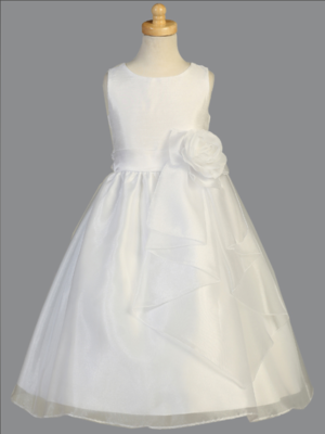 Communion Dress Shantung bodice with crystal organza skirt
&amp; flower at waist - Sleeveless Tea Length