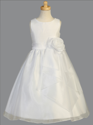 Communion Dress Shantung bodice with crystal organza skirt
& flower at waist - Sleeveless Tea Length