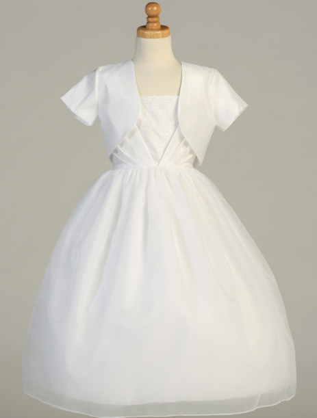 Communion Dress - Shantung Bodice and Bolero with Organza Skirt- Sleeveless Tea Length