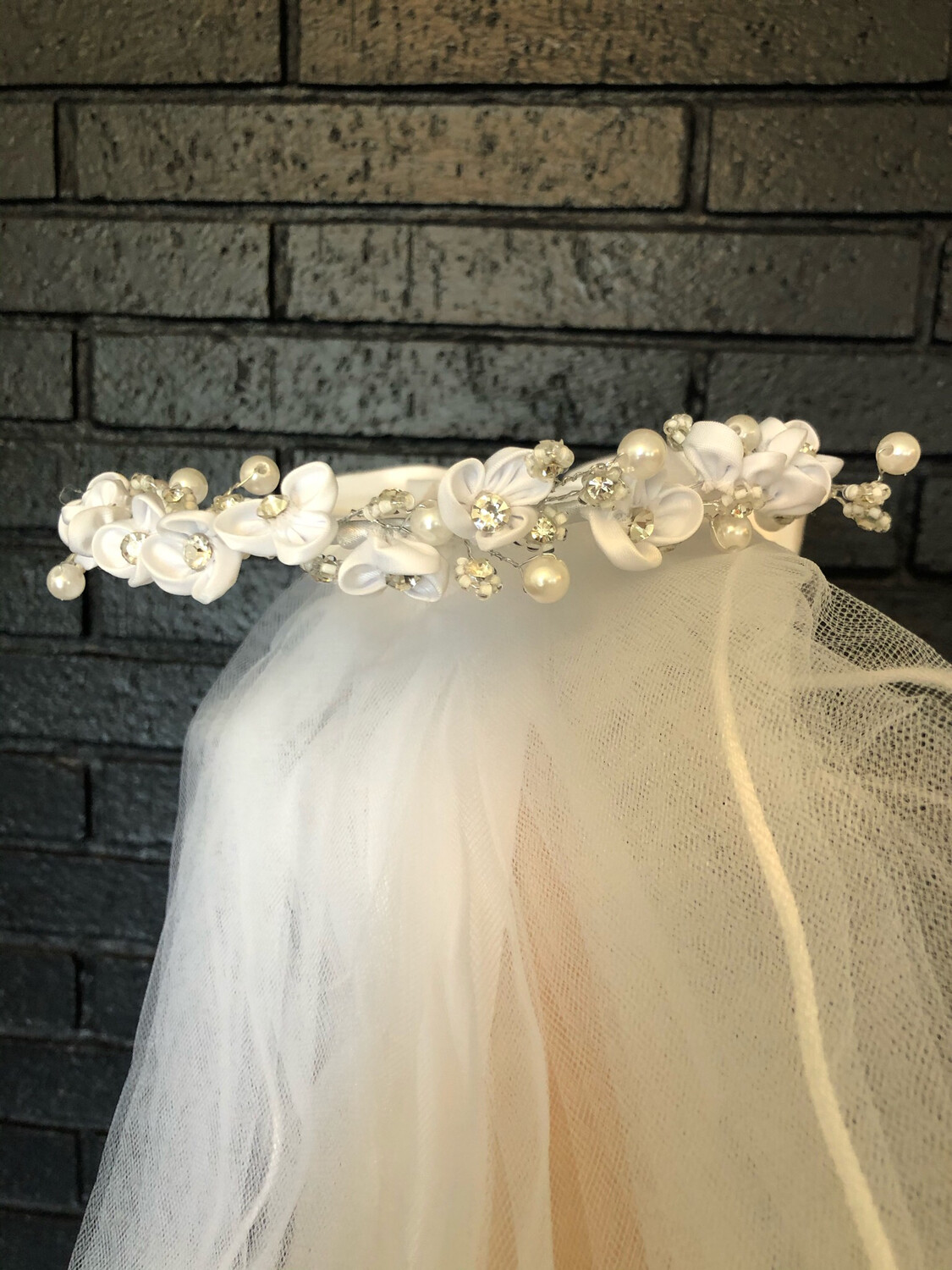 Communion Veil 24" Flowers, Rhinestones, Pearls crown with Satin Bow in Back