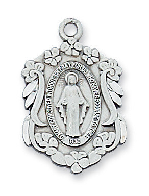 Sterling Silver Floral  MIRAC MEDAL 18&quot;CH&amp;BX