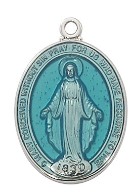 Sterling Silver OVAL BLUE MIRAC MEDAL 18"CH&BX