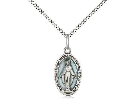 Sterling Silver Blue Miraculous Medal 18"