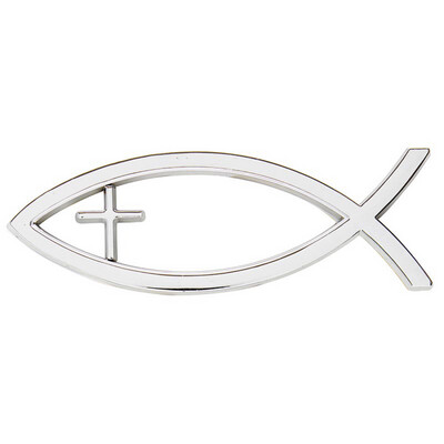Icthus With Cross Auto Emblem - Silver