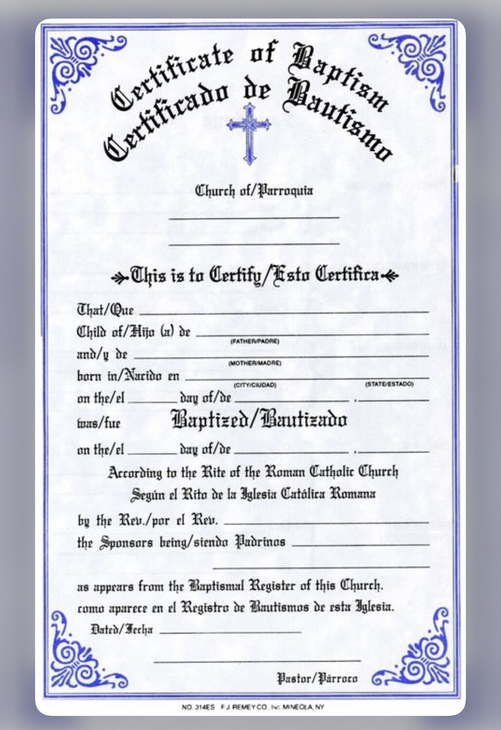 Certificate of Baptism Bilingual 50 Sheets