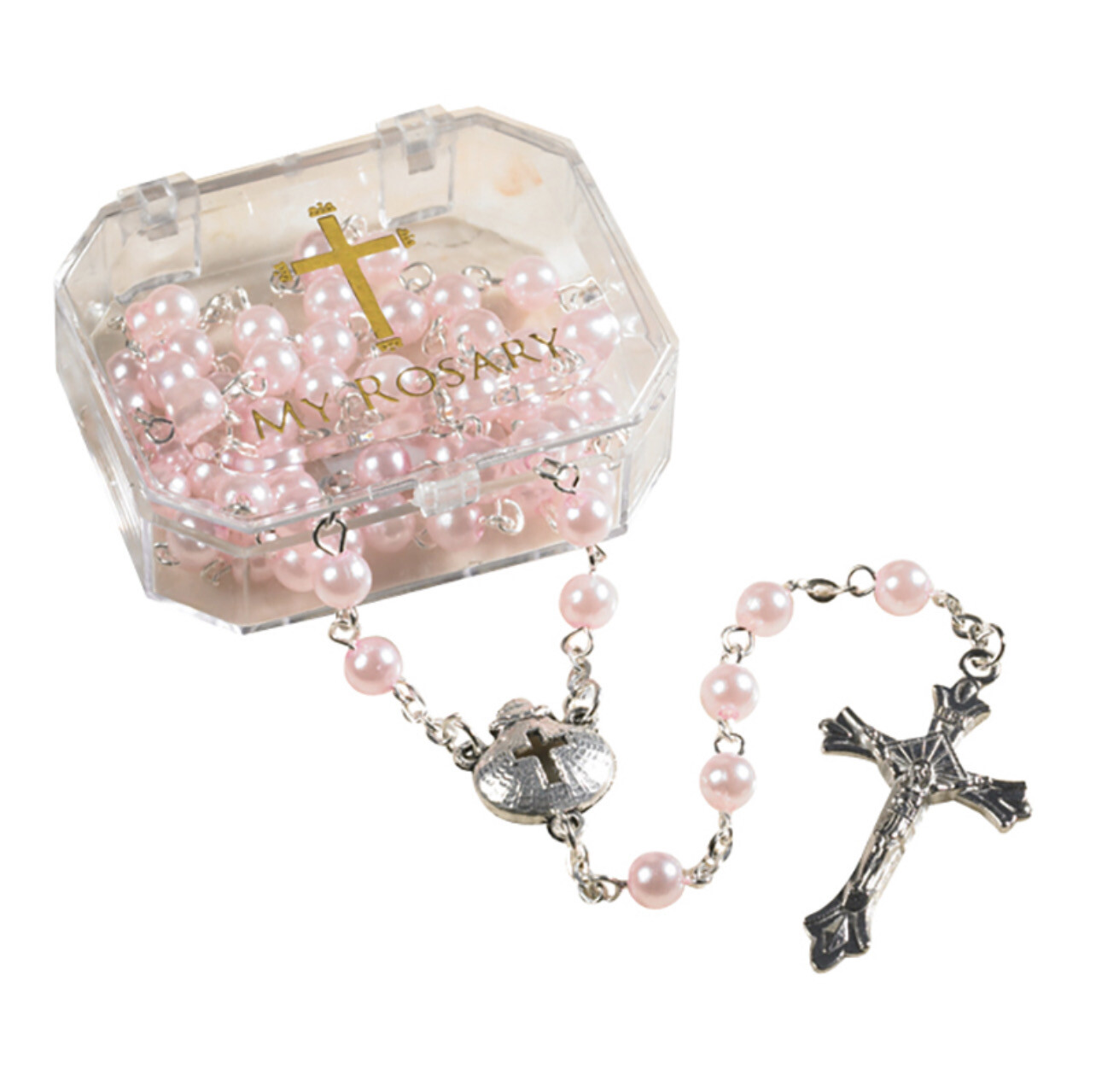 Pink Pearl Baptism Rosary with Shell PD077