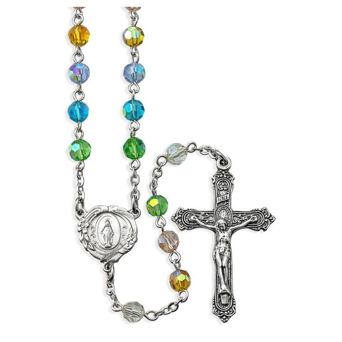 Multi Colored Crystal Aurora Borealis Rosary with a Deluxe Center and Crucifix Boxed