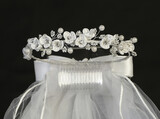 Communion Veil 24&quot; Flowers, Rhinestones, Pearls crown with Satin Bow in Back