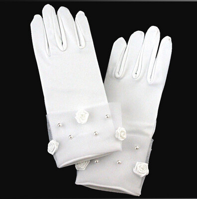 Short White Satin Gloves Rosette and Pearl