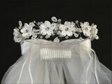 24&quot; Communion Veil Satin flowers &amp; Rhinestones with satin bow at the back