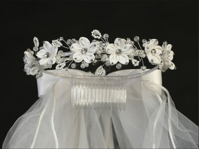 24" Communion Veil Satin flowers & Rhinestones with satin bow at the back