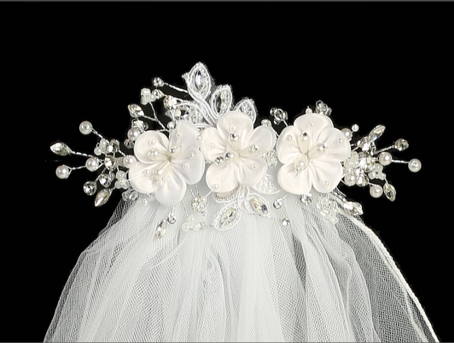 24" Communion Veil -  On comb with satin flowers with pearls