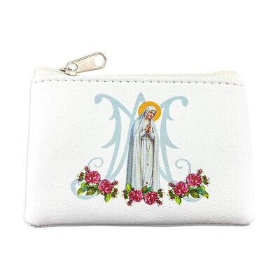 White Calf-Grained Rosary Pouch Fatima