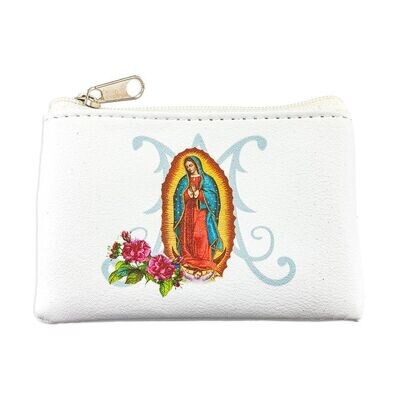 White Calf-Grained Rosary Pouch Guadalupe