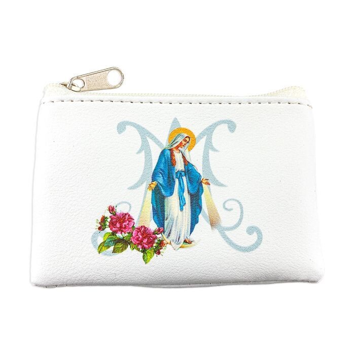 White Calf-Grained Rosary Pouch Our Lady Of Grace