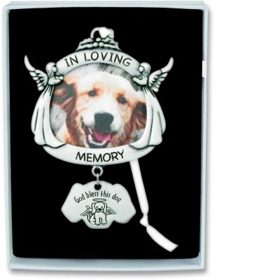 Silver Dog Memorial Photo Ornament with Ribbon