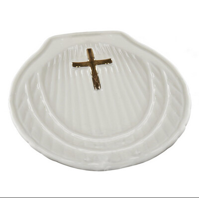 Baptism Shell White with Gold Cross