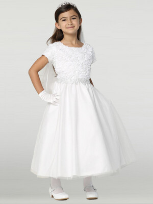 Communion Dress Corded Tulle with Sequins - Short Sleeves Tea Length