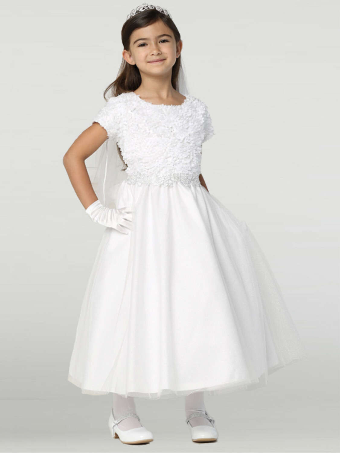 Communion Dress Corded Tulle with Sequins - Short Sleeves Tea Length, Size: 6