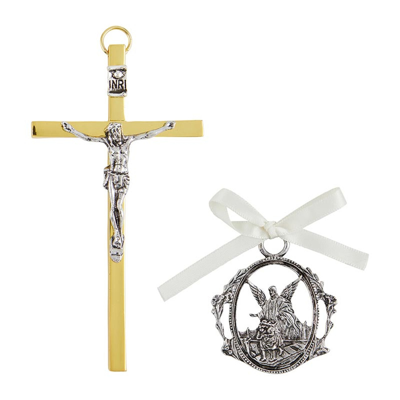 White Guardian Angel Crib Medal and Wall Crucifix Set