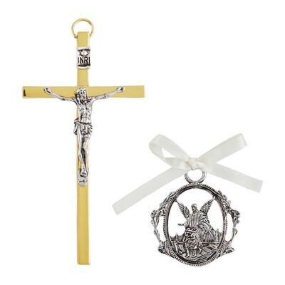 White Guardian Angel Crib Medal and Wall Crucifix Set