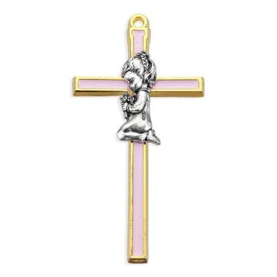 4" Gold Tone Pink Epoxied Cross with Praying Girl Figure