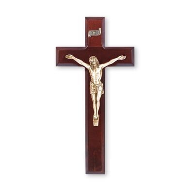 10" Dark Cherry Wood Cross with Museum Gold Finish Antiqued Corpus
