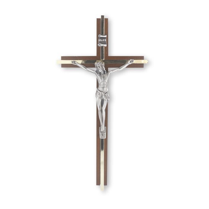 10&quot; Walnut Crucifix with Gold Inlay and Antique Silver Finish Corpus