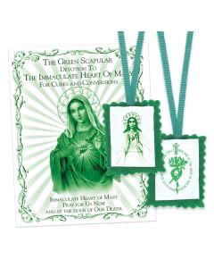 1 1/4" X 2" Immaculate Heart of Mary Green Felt Scapular with Instructional Pamphlet on Green Cords. Carded