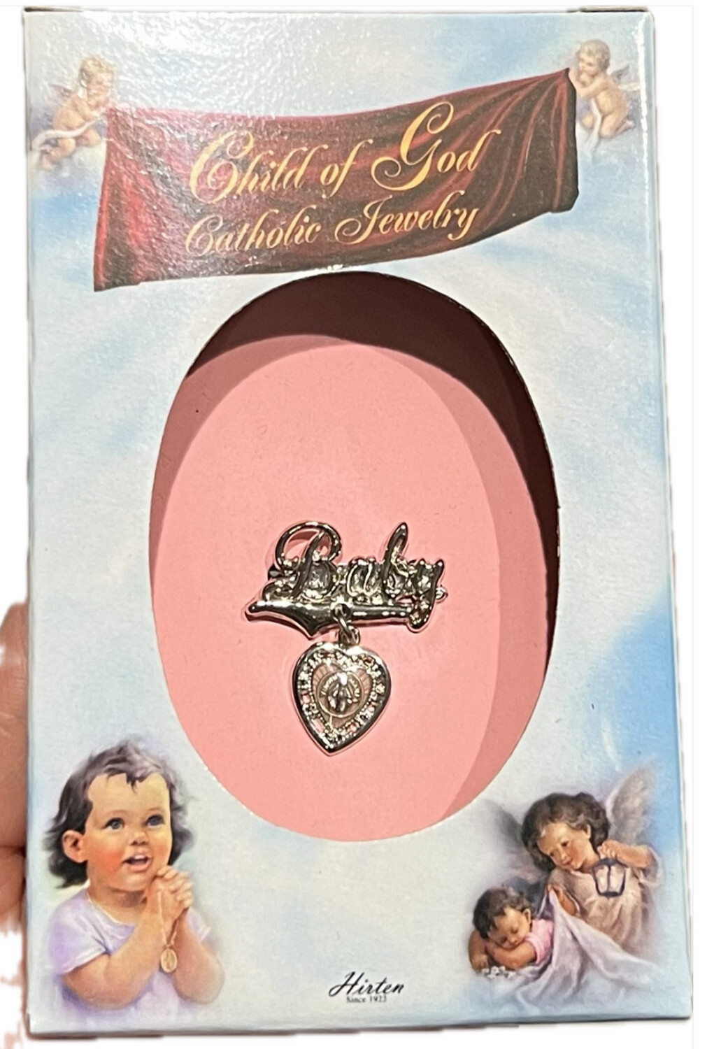 Child of God Silver Plate Baby Pin with Pink Miraculous Medal