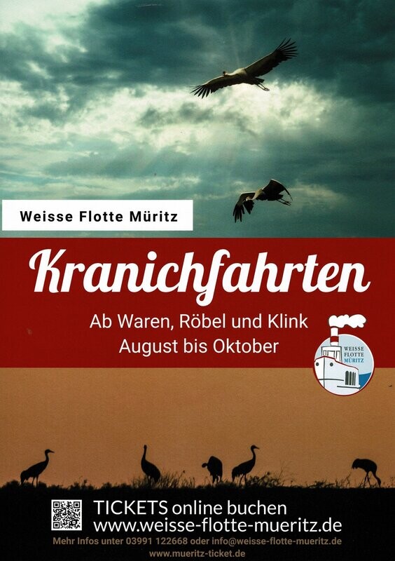 Kranichfahrten ab Waren Stadthafen mit der DS Europa von 18:15-21:15 Uhr