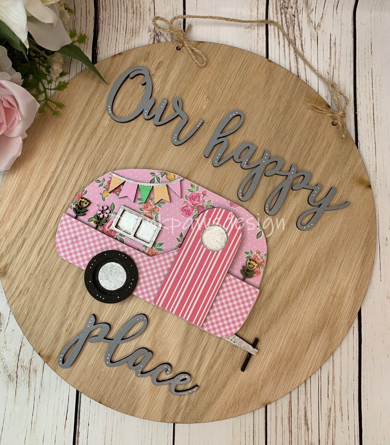 'Our Happy Place' Caravan, Motor home, Camper Themed oak veneer plaque 'Our Happy Place' Caravan, Motor home, Camper Themed oak veneer plaque