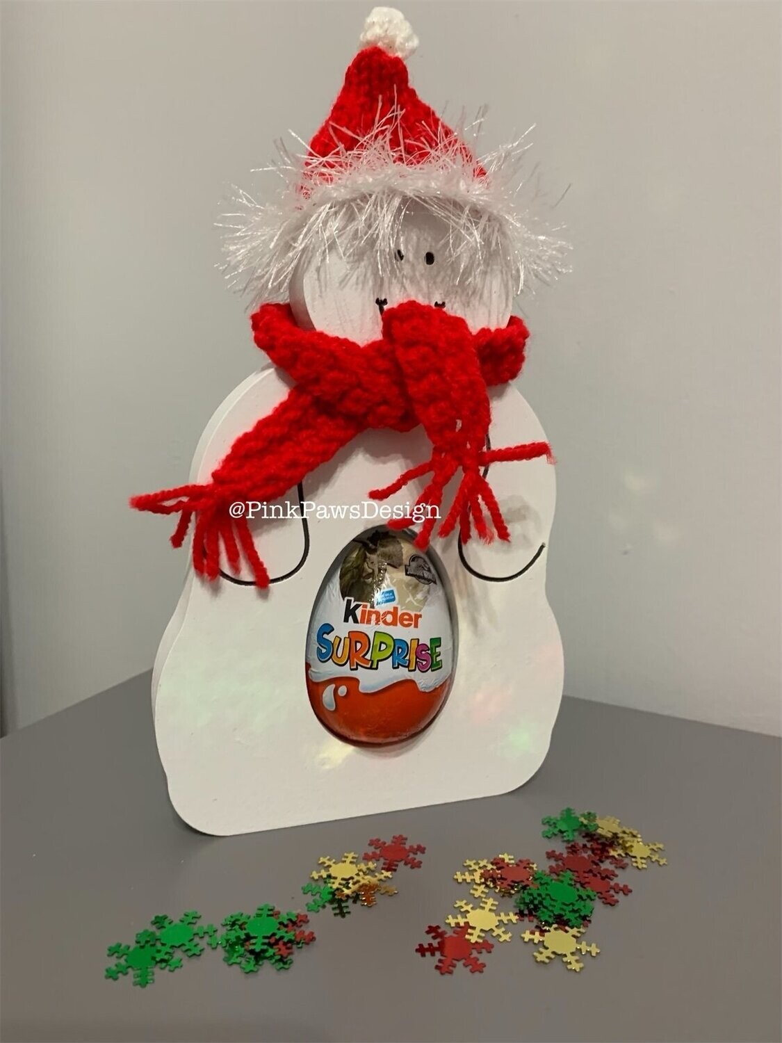 Snowy Decoration with Handknitted Hat & Scarf Kinder Egg holder