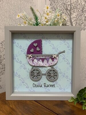Hand painted Personalised New Baby Pram layered box frame