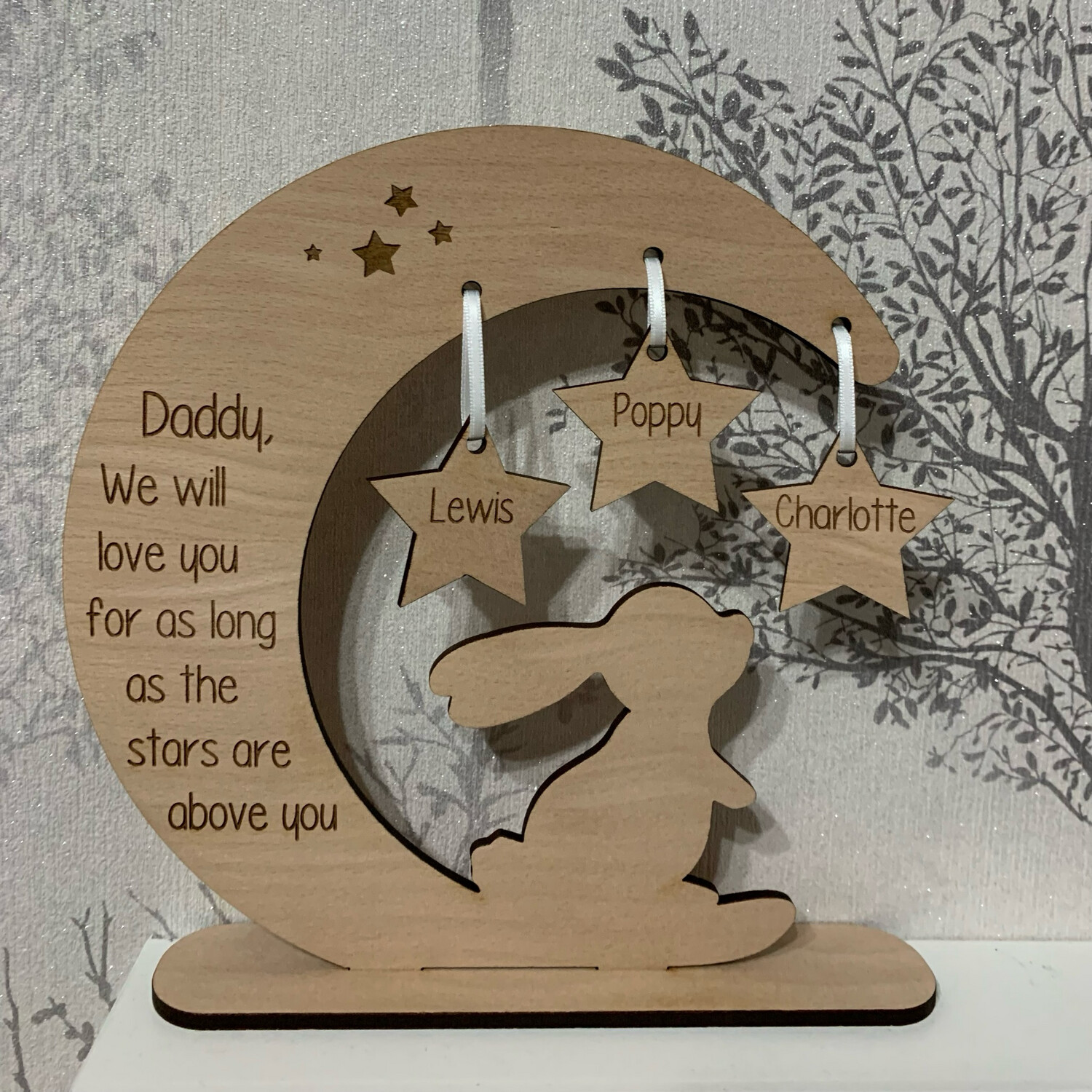 Engraved Wood Veneer Bunny & Moon on Stand – Personalised with Stars