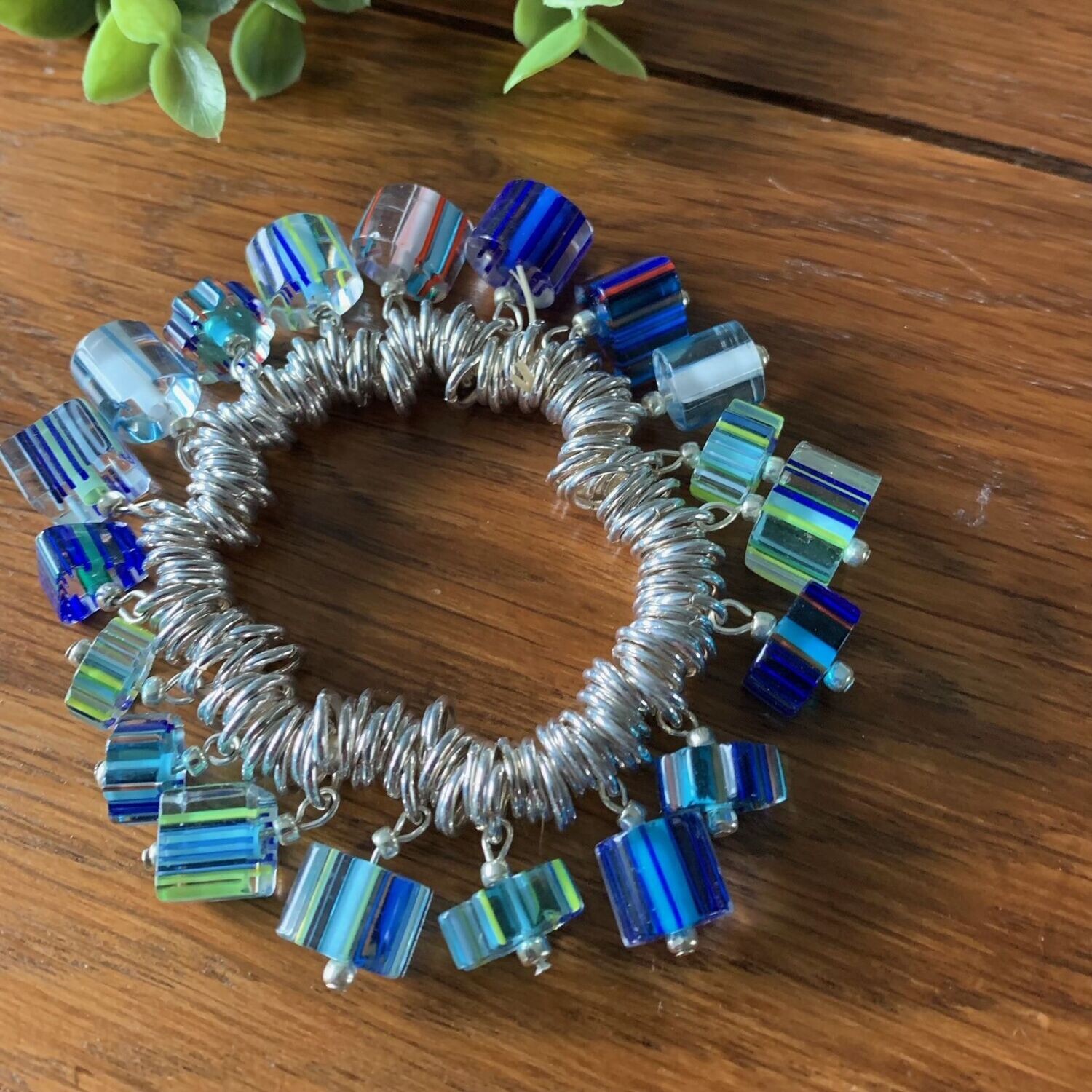 Handmade Blue Glass Beads Silver Coloured Stretch Bracelet