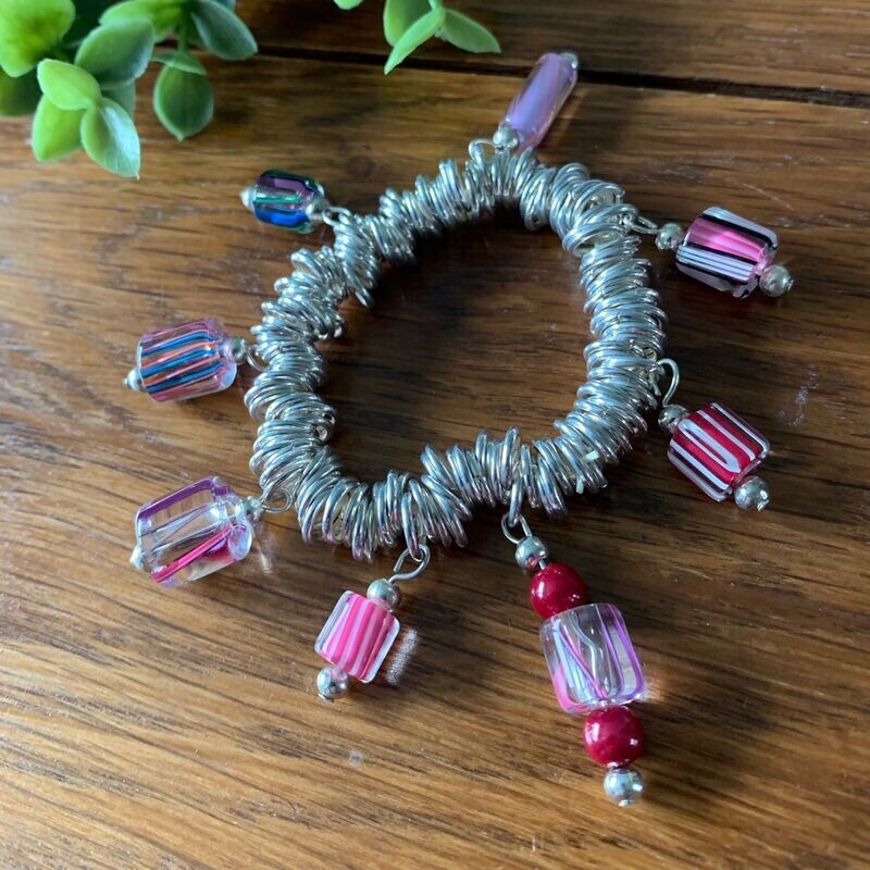 Handmade Pink Glass Beads Silver Coloured Stretch Bracelet