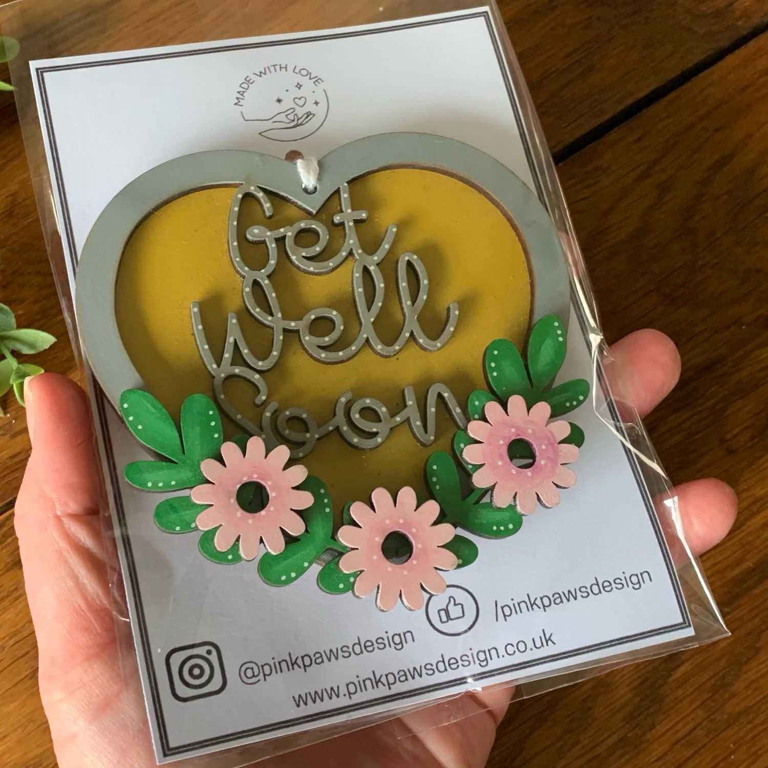 Get Well Soon Floral Themed hanging heart - Pink