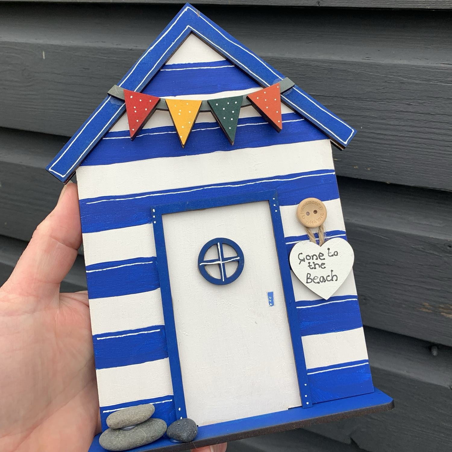 Hand painted Beach Hut with Bunting / Gone to the Beach